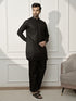 Men Black Cotton Linen Pathani Kurta With Palazzo Set