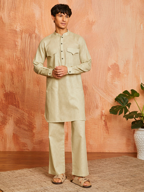 Men's Mint Green Cotton Slub Kurta And Pyjama Set