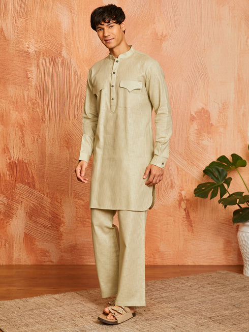 Men's Mint Green Cotton Slub Kurta And Pyjama Set