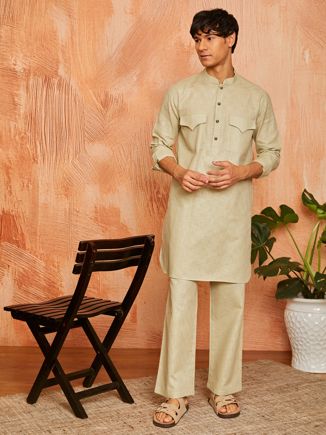 Men's Mint Green Cotton Slub Kurta And Pyjama Set
