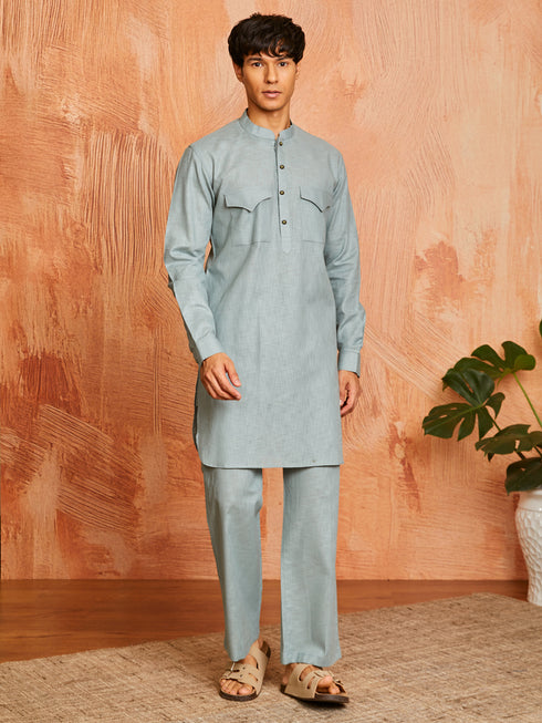 Men's Sea Green Cotton Slub Kurta And Pyjama Set