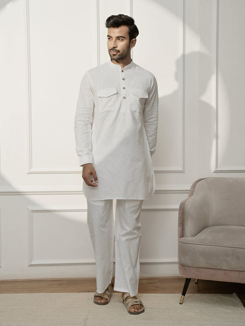 Men White Cotton Linen Pathani Kurta With Palazzo Set