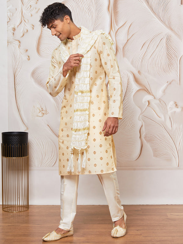 Men's Cream Silk Blend Kurta,Pant And Dupatta Set