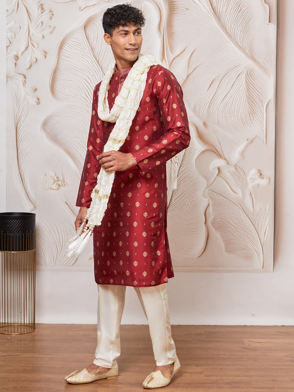 Men's Maroon Silk Blend Kurta, Pant And Dupatta Set