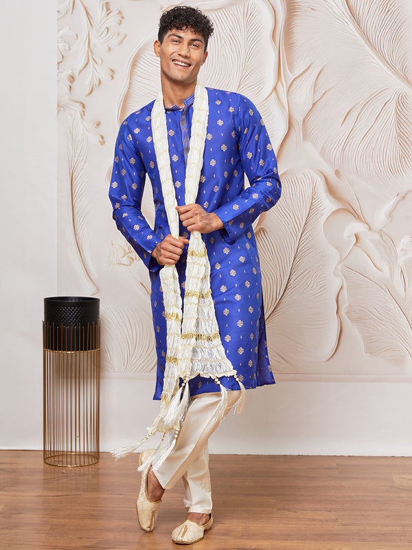 Men's Royal Blue Silk Blend Kurta,Pant And Dupatta Set
