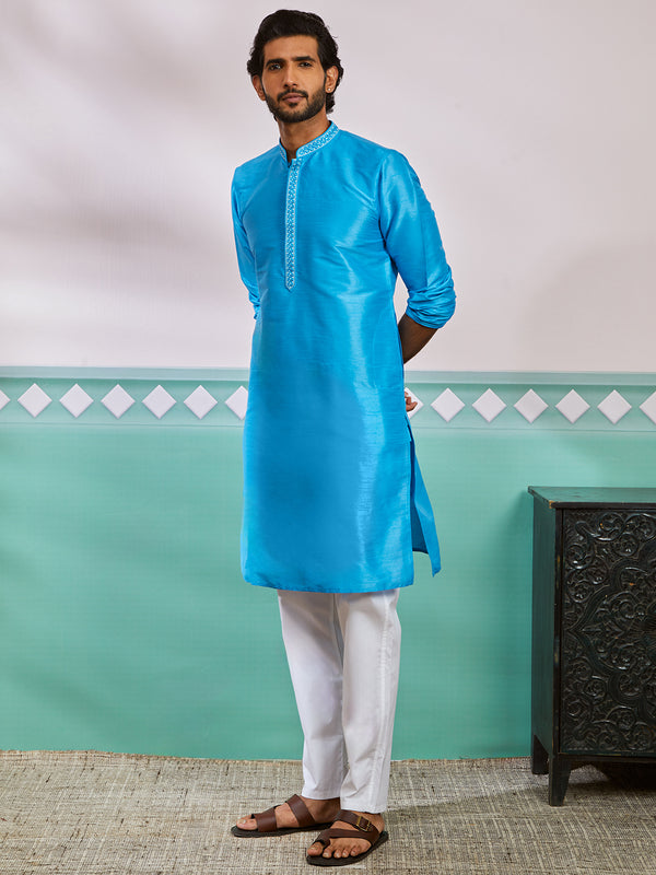 Men's Aqua Dupion Silk Kurta And Pyjama Set