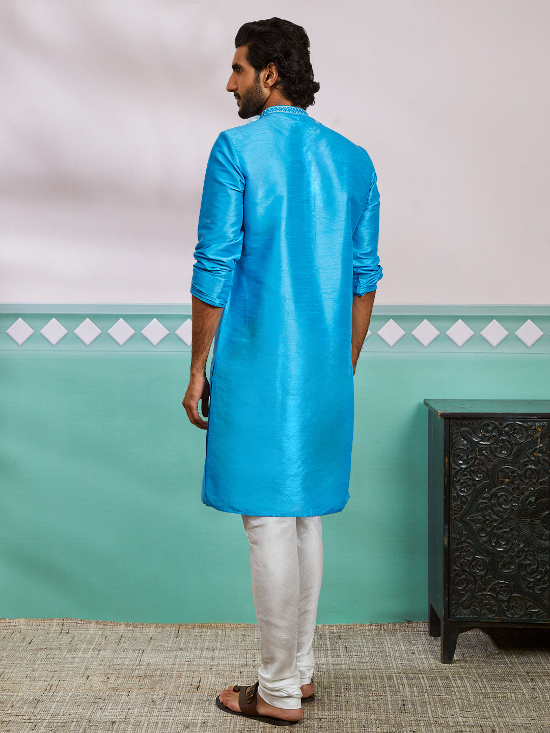 Men's Aqua Dupion Silk Kurta And Pyjama Set
