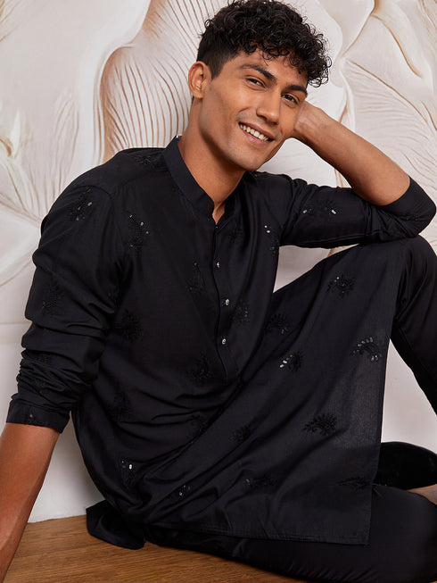 Men's Black Viscose Kurta And Pyjama Set