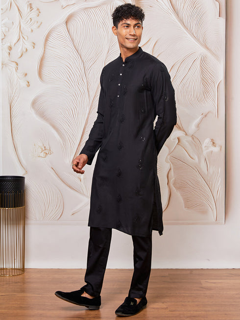 Men's Black Viscose Kurta And Pyjama Set