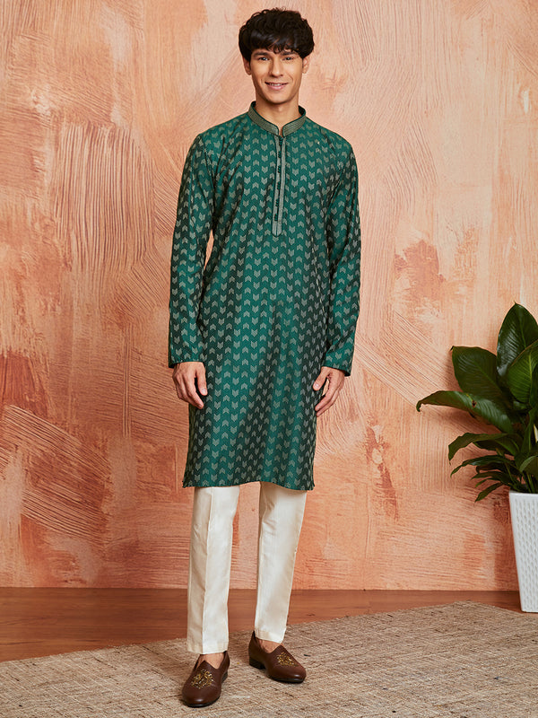 Men's Bottle Green Silk Blend Kurta And Pyjama Set