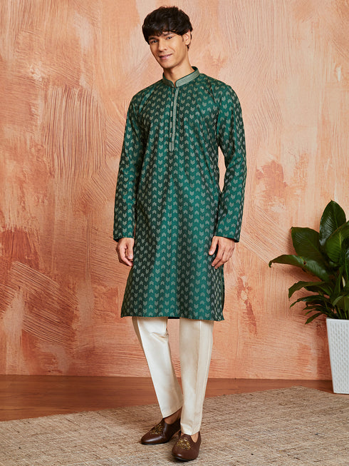 Men's Bottle Green Silk Blend Kurta And Pyjama Set