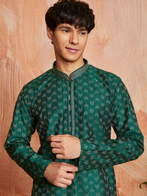 Men's Bottle Green Silk Blend Kurta And Pyjama Set