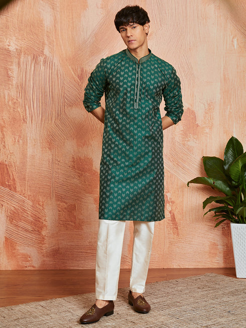 Men's Bottle Green Silk Blend Kurta And Pyjama Set