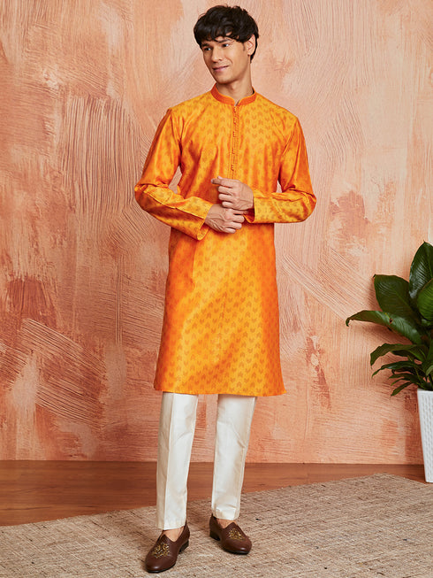Men's Orange Silk Blend Kurta And Pyjama Set