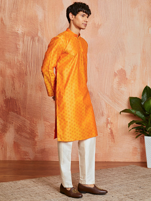 Men's Orange Silk Blend Kurta And Pyjama Set
