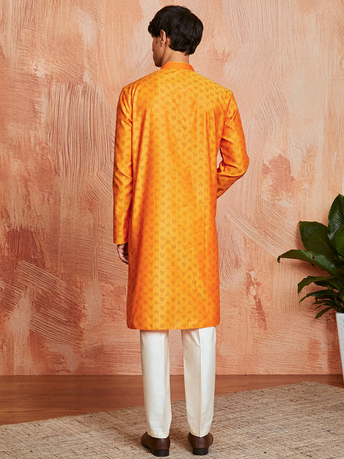 Men's Orange Silk Blend Kurta And Pyjama Set