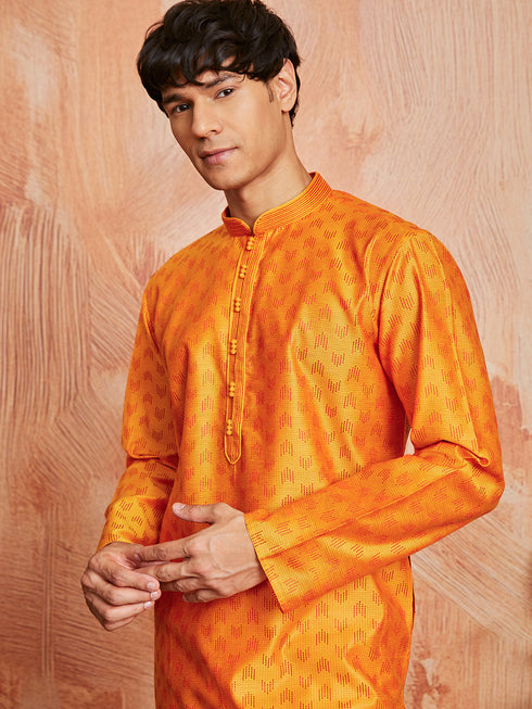 Men's Orange Silk Blend Kurta And Pyjama Set