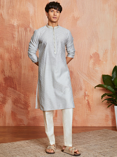 Men's Grey Silk Blend Kurta And Pyjama Set