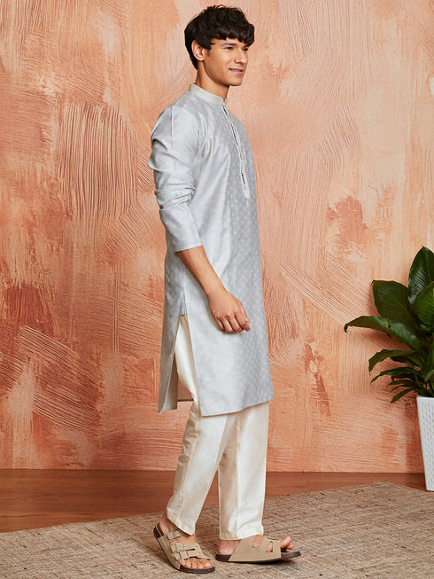 Men's Grey Silk Blend Kurta And Pyjama Set