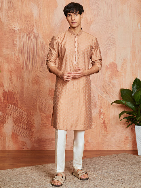 Men's Peach Silk Blend Kurta And Pyjama Set