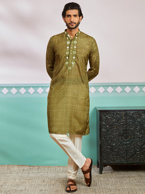Men's Green Cotton Silk Kurta And Pyjama Set