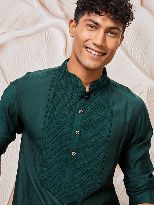 Men's Bottle Green Silk Blend Kurta,Pyjama Set.