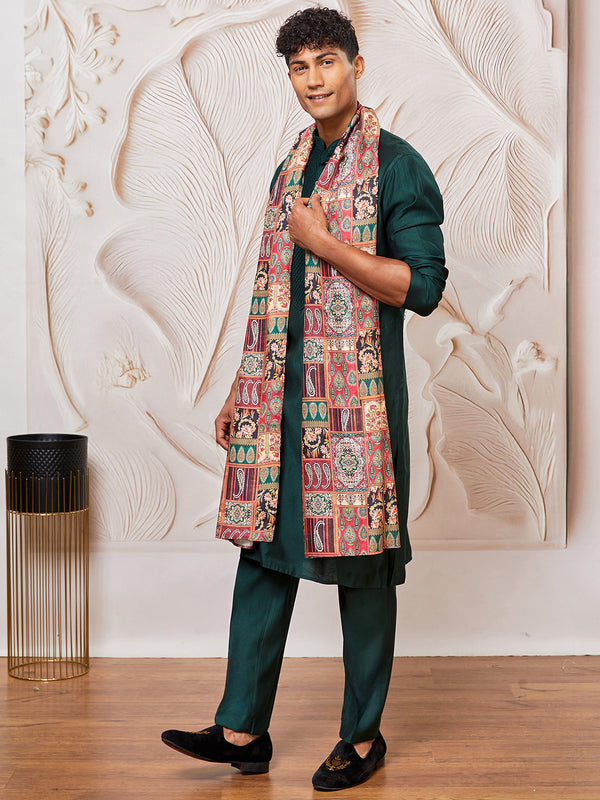 Men's Bottle Green Silk Blend Kurta,Pyjama And Dupatta Set.