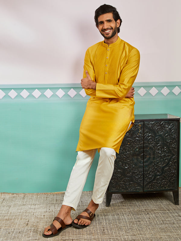 Men's Mustard Silk Blend Kurta And Pyjama Set