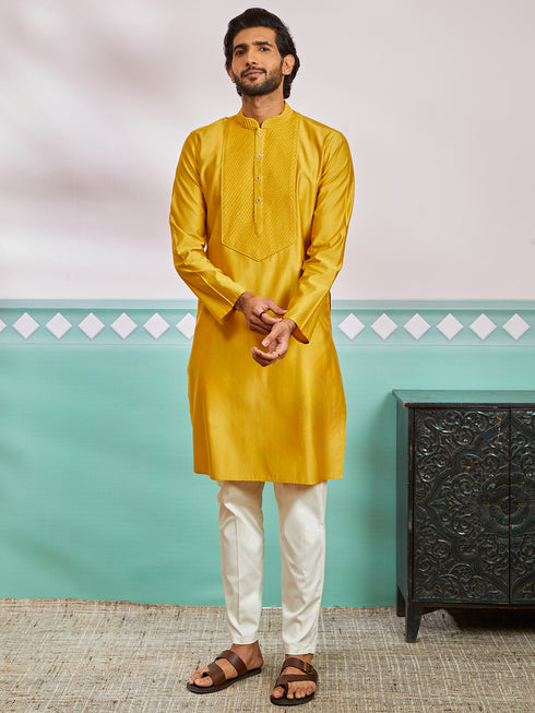 Men's Mustard Silk Blend Kurta And Pyjama Set