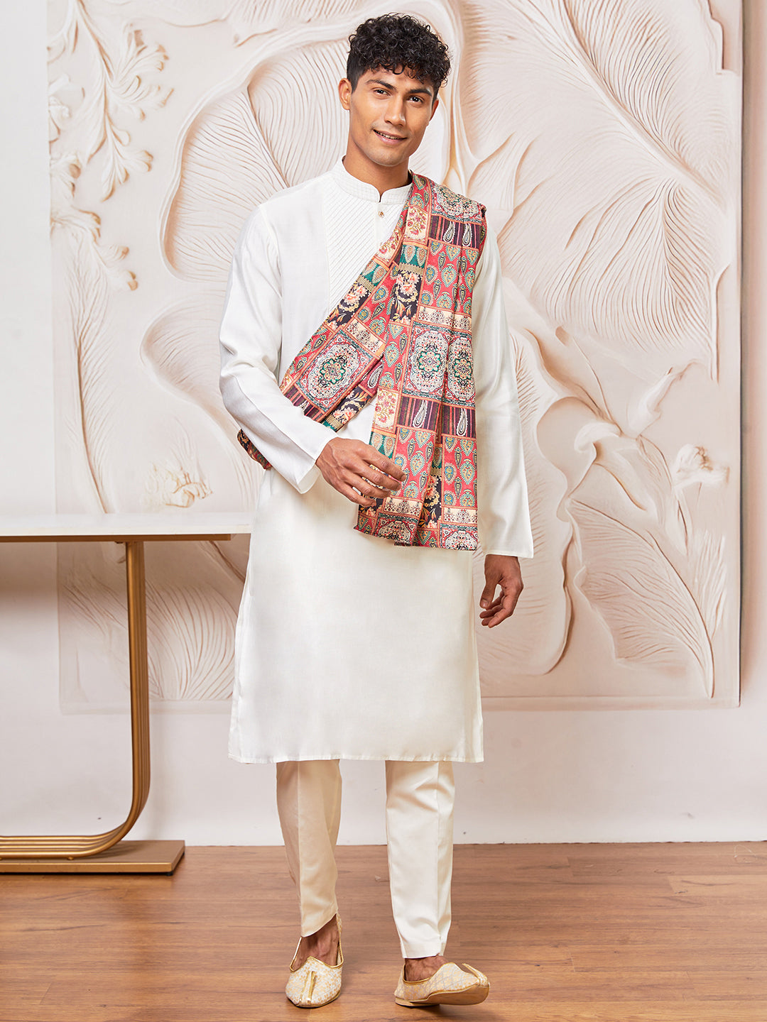 Men's White Silk Blend Kurta, Pant And Dupatta Set