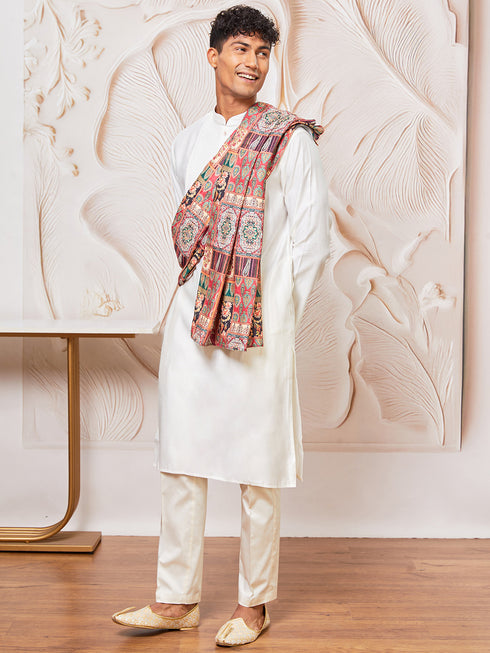 Men's White Silk Blend Kurta, Pant And Dupatta Set
