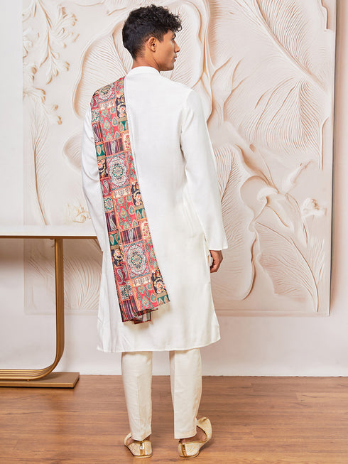 Men's White Silk Blend Kurta, Pant And Dupatta Set