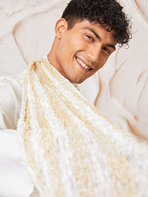 Men's White Silk Blend Kurta, Pant And Dupatta Set