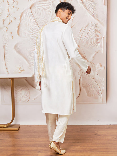 Men's White Silk Blend Kurta, Pant And Dupatta Set