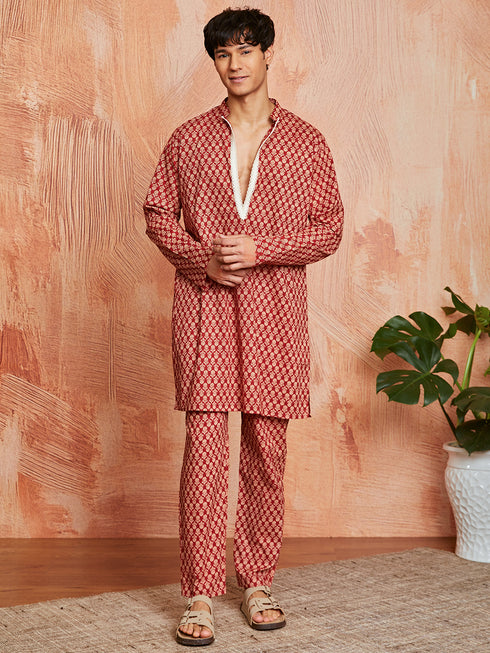 Men's Rust Cotton Kurta And Pyjama Set