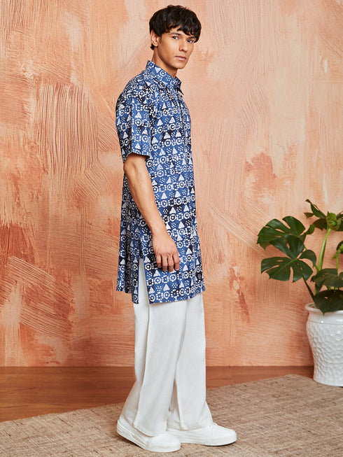 Men's Blue Cotton Kurta And Pyjama Set