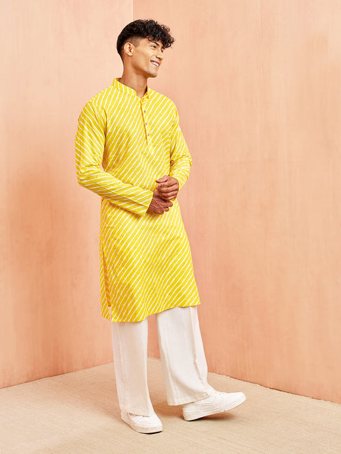 Men's Yellow Lahariya Print Kurta with White Pant Set