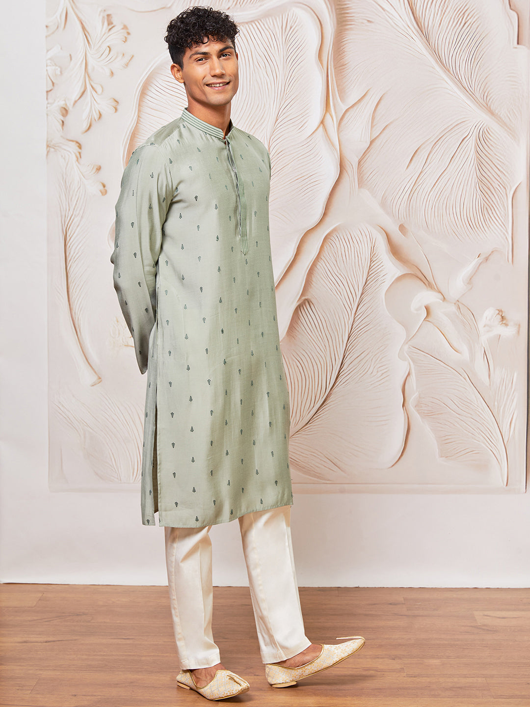 Men Mint Green Jacquard Embroidered Cotton Blend Kurta with Cream Pyjama Set