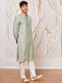 Men Mint Green Jacquard Embroidered Cotton Blend Kurta with Cream Pyjama Set