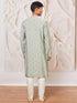 Men Mint Green Jacquard Embroidered Cotton Blend Kurta with Cream Pyjama Set