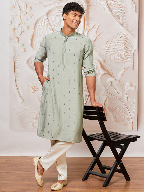 Men's Mint Green Cotton Blend Kurta Pant Set