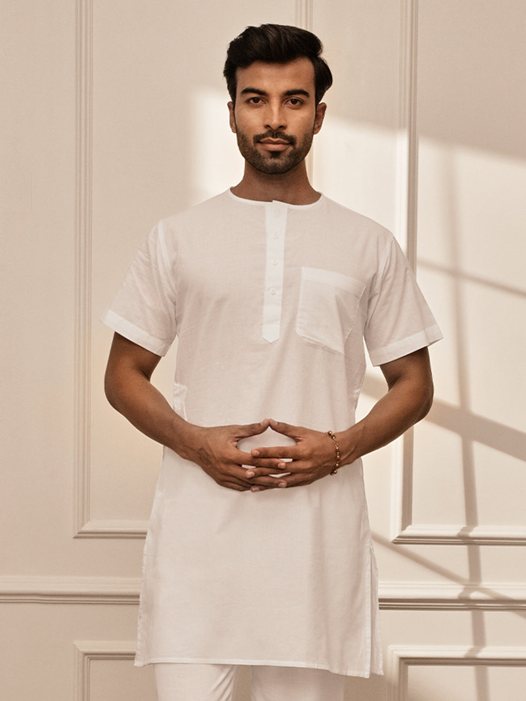 Men White Cambric Cotton Mid-Length Yoga Kurta