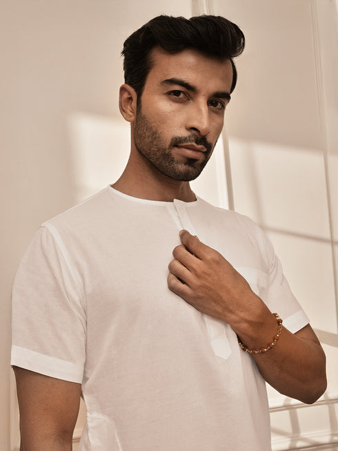 Men's All-White Premium Cotton Mid-Length Kurta Palazzo Set
