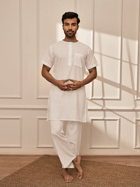 Men's All-White Premium Cotton Mid-Length Kurta Palazzo Set