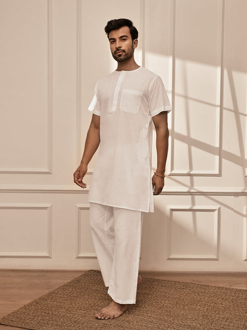 Men's All-White Premium Cotton Mid-Length Kurta Palazzo Set