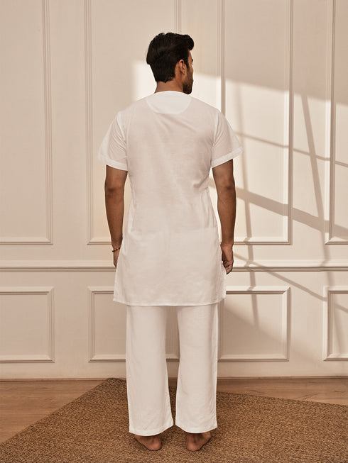 Men's All-White Premium Cotton Mid-Length Kurta Palazzo Set