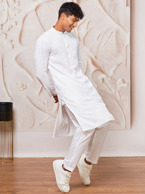 Men's White Rayon Kurta Pyjama Set