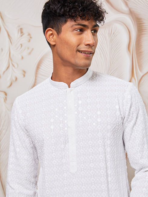 Men's White Rayon Kurta Pyjama Set