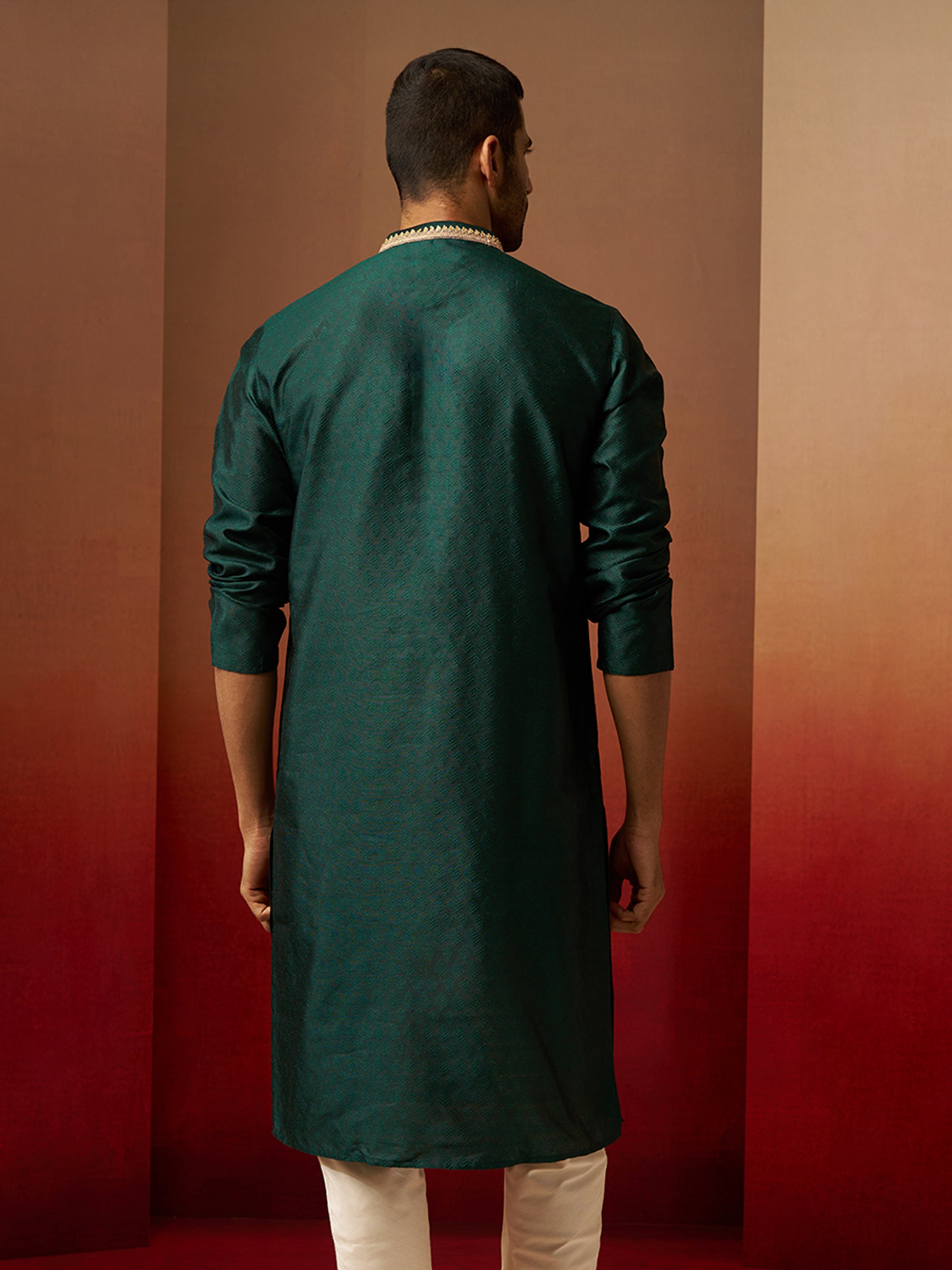 Vastramay Men Bottle Green Silk Anmol Jacquard Kurta