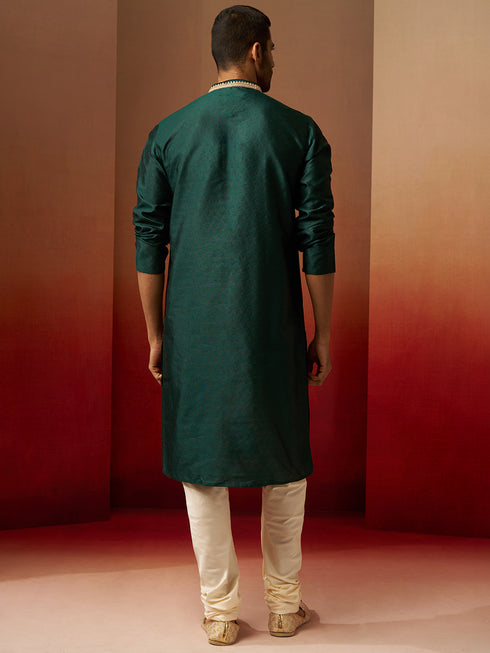 Men's Bottle Green Jacquard Kurta with Cream Churidar Set